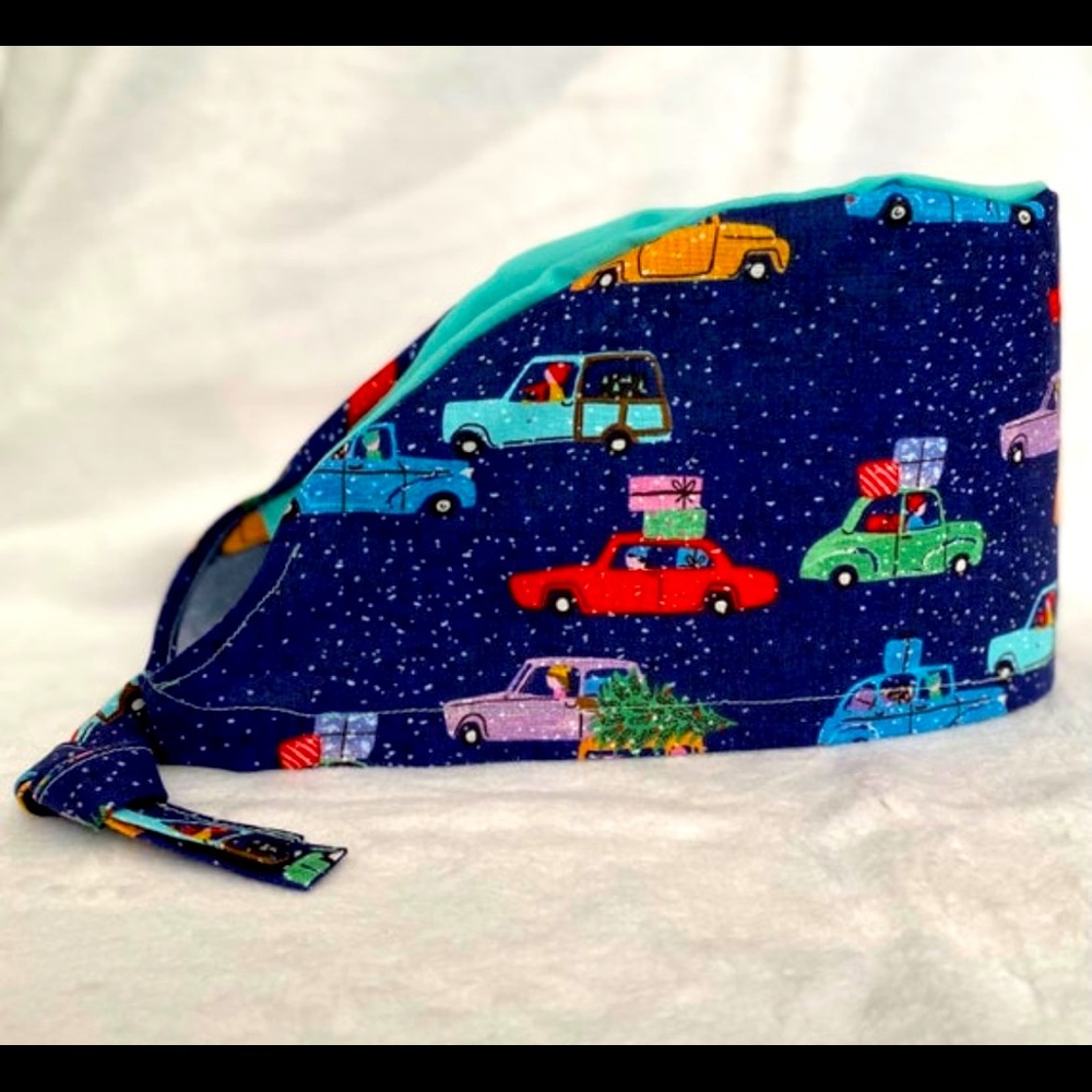 Surgical Scrub Cap Vintage Christmas Trees and Cars